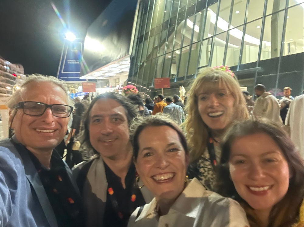 Loyola professors Zbigniew Banas, Miguel Silveira, and Elizabeth Coffman with Zbigniew's partner, Beata, and Silveira,s partner, Missy at the 2024 Cannes Film Fest.